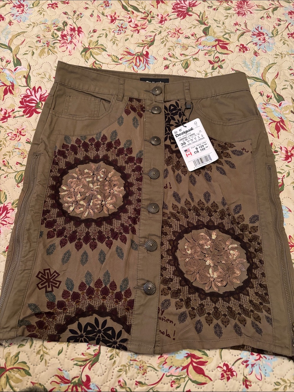 Desigual Olive Green Embroidered Sequin Button-Front Mini Skirt